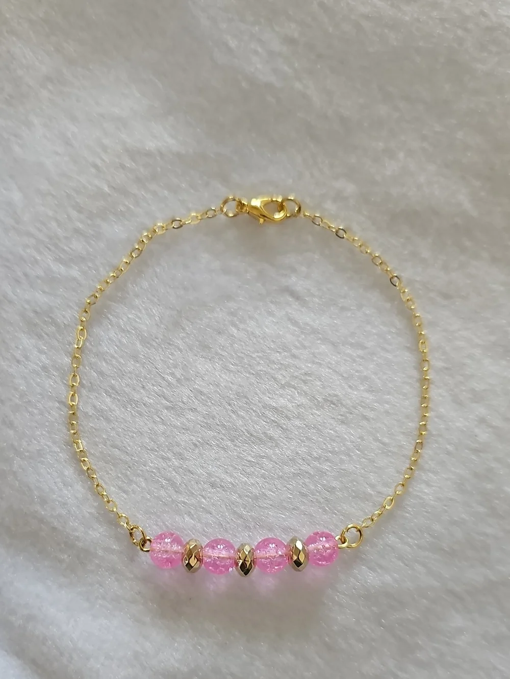 Gold Chain Bracelet with Pink Glass Crackle Beads